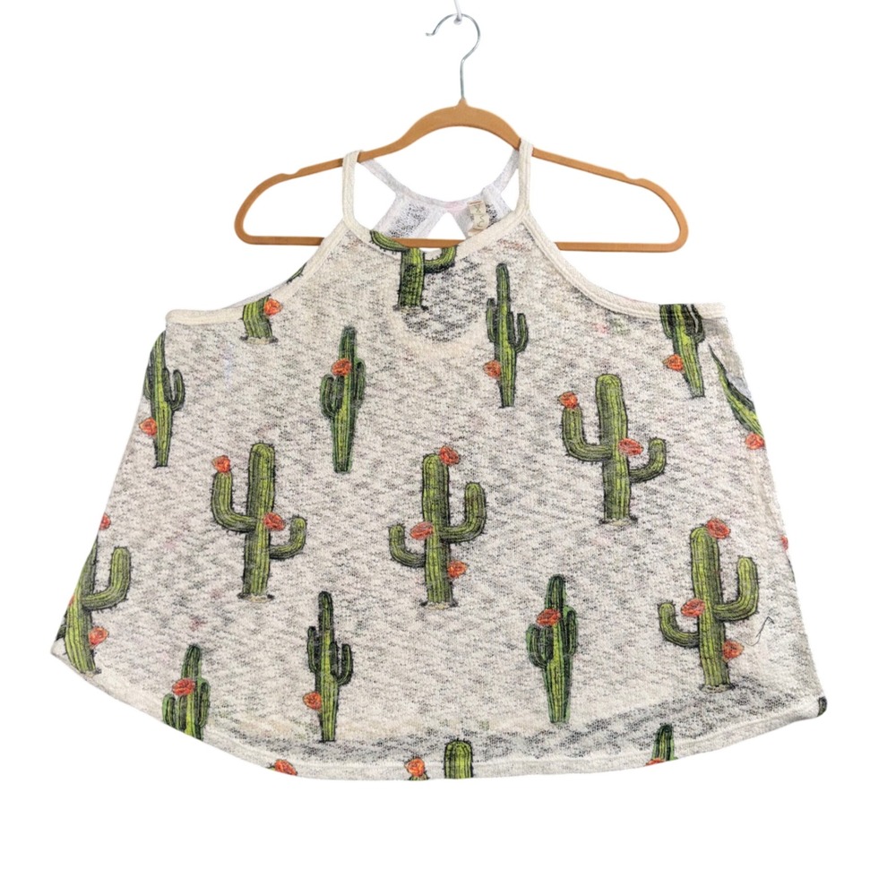 Y2K Cactus Print Halter Tank Boho Western Desert Festival Top L